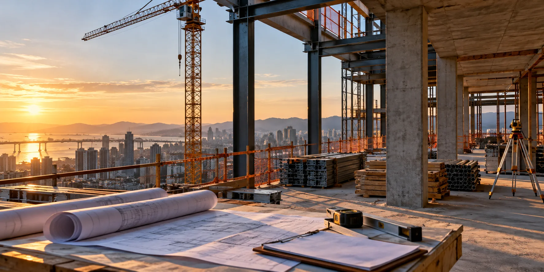 Estrutura em construção com materiais organizados, guindaste e estação topográfica