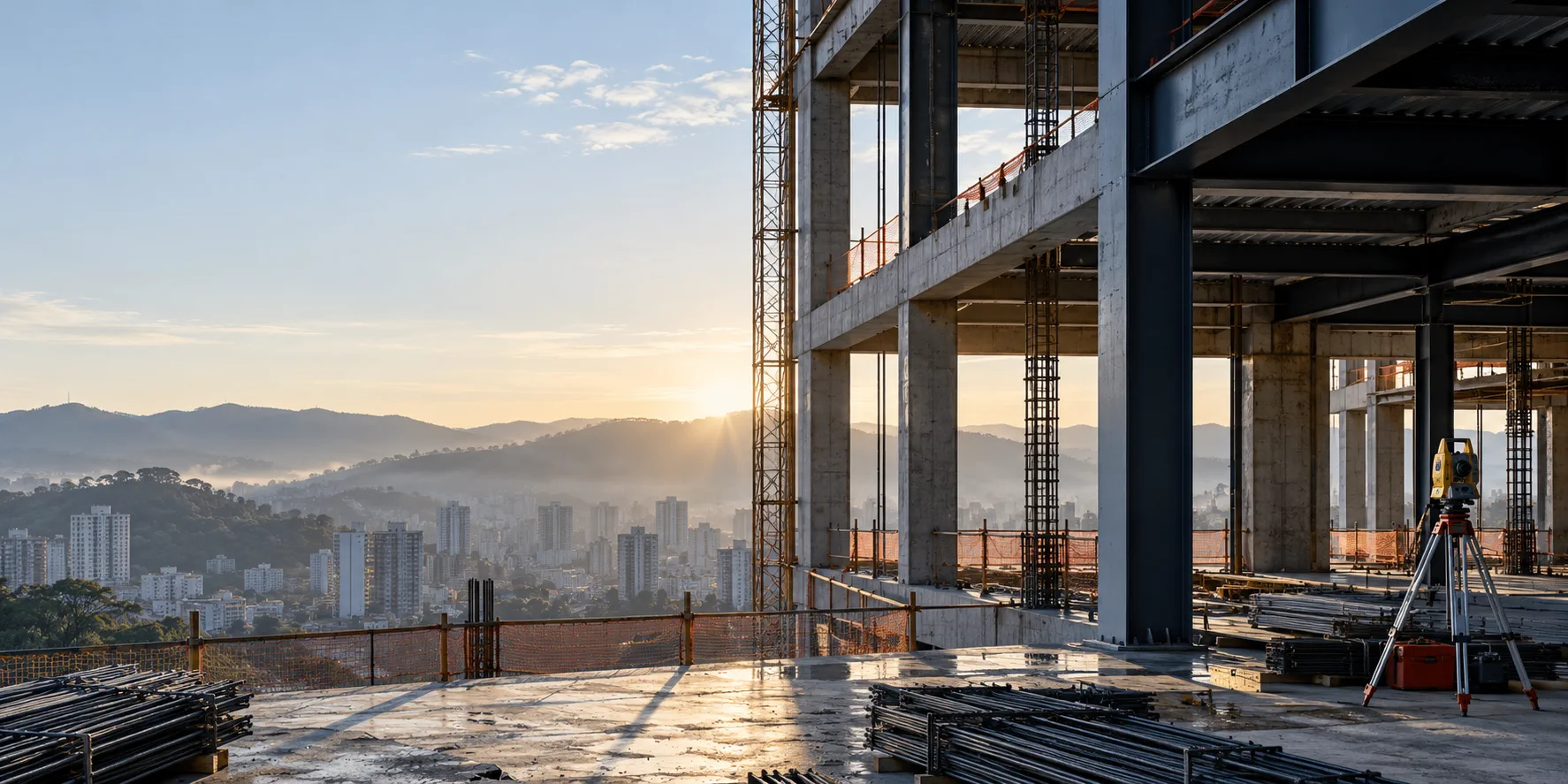 Estrutura de concreto e aço em construção com estação topográfica e cidade ao fundo